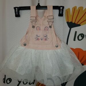 Oshkosh Pink Denim Embroidered Bunny Glitter Tutu Overall Easter Dress 12 Mon